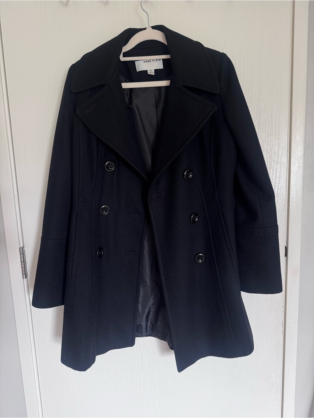 Anne Klein Black Double-Breasted Pea Coat with Wide Notch Collar